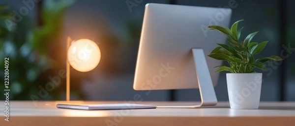 Fototapeta minimalist workspace with computer, lamp, plant, and notepad on wooden desk