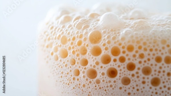 Fototapeta close up of bubbles in a light brown liquid, macro photography of foam texture