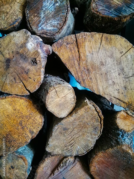 Obraz Pile of logs with wood stacked on top, showing a natural and rustic texture