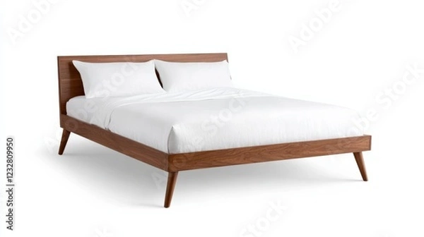 Fototapeta modern walnut wood platform bed with white bedding on white background