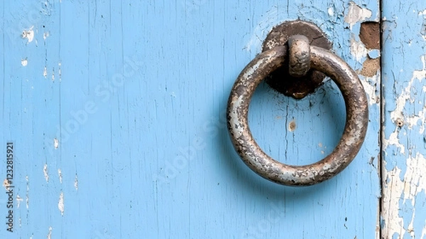 Fototapeta Rustic door knocker on weathered blue door