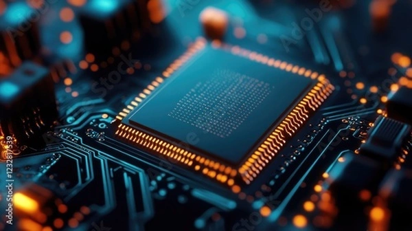 Fototapeta Close-up CPU chip circuit board, glowing orange, tech background, website header