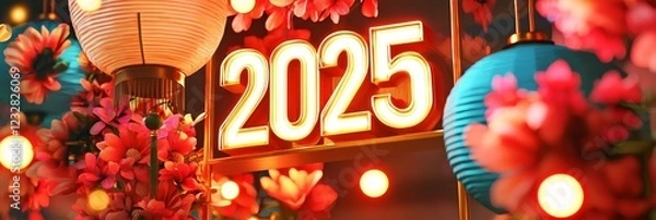 Fototapeta Colorful New Year Celebration with Lanterns and Flowers - A vibrant representation of the year 2025, adorned with beautiful flowers and colorful lanterns, perfect for festive occasions.