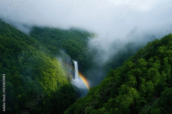 Fototapeta aerial view of a stunning waterfall cascading down a lush green mountainside with a rainbow and fog
