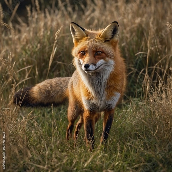Fototapeta A fox standing in a field of tall grass. A juvenile fox playfully running. red fox cub red fox vulpes