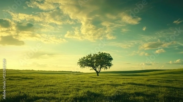 Obraz Solitary Tree in a Verdant Rolling Field Under a Cloudy Sky