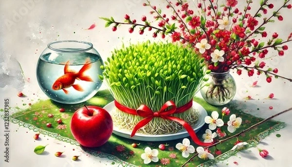 Obraz nowruz haft sin nouruz norooz Persian Iranian new year greeting card, sabzeh sprouts red ribbon, apple, fishbowl goldfish, watercolor isolated on white background