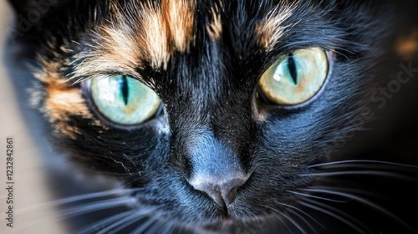Fototapeta A Tortoiseshell Cats Face Close Up Shot