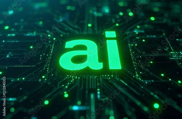Obraz Glowing green AI text with a futuristic and digital aesthetic, illuminated in a dark setting. A banner design featuring advanced technology, artificial intelligence, data science, and innovation
