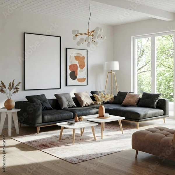 Fototapeta A bright and airy living room bathed in natural light from large,paned windows overlooking a lush garden. The room is anchored by a plush, light colour sectional sofa adorned with soft, neutral pillow