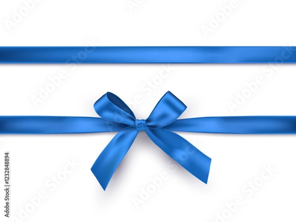 Fototapeta Blue ribbon with bow on white background. Blue gift wrapping decoration element. Present box decoration. Realistic 3d vector illustration.