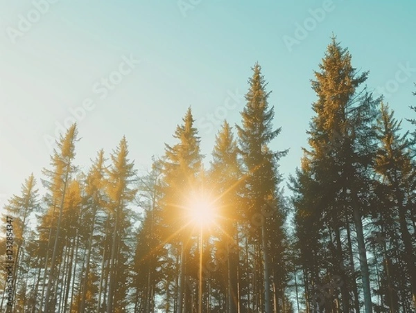 Obraz Sunlight shining through tall pine trees against a clear sky on a sunny day. Forest background.