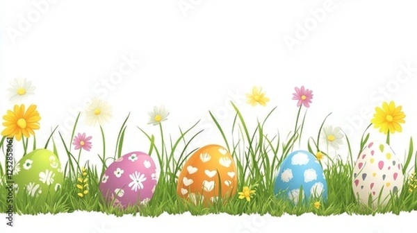 Fototapeta Spring has Sprung! Celebrate with grass and flowers! Decorate with this Easter greeting card element. Use it for your park, sale, banner, poster, cover, templates, or social media feed.