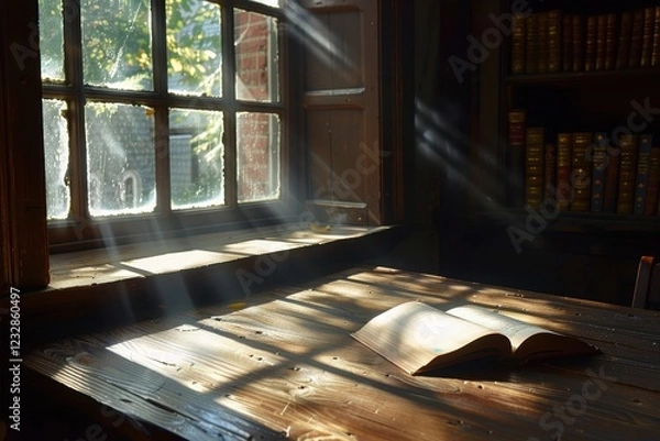 Obraz Sunlit Study Corner: Open Book on Table Enhancing Atmosphere of Quiet Reflection and Contemplation