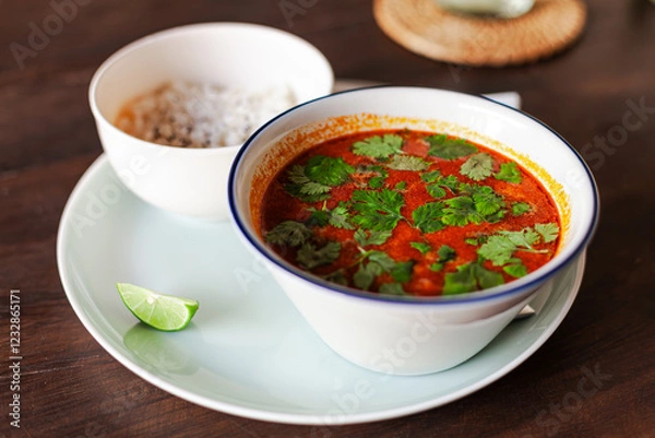 Fototapeta Tom Yum – Spicy Thai soup with shrimp, squid, tomatoes, mushrooms, and herbs, served with steamed rice. Rich in coconut milk, lime, and chili fo