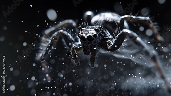Fototapeta Jumping spider leaping, dark background, bokeh, 3D render, horror