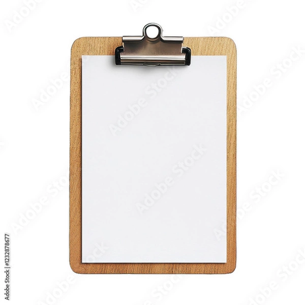 Fototapeta Clipboard paper clip board white blank isolated notepad checklist. Background clipboard paper clip sheet pad note file document list wood desk empty pen page wooden binder notebook mockup letter menu
