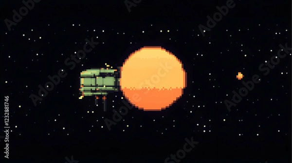 Fototapeta Pixel art spaceship orbiting a large orange planet in space.