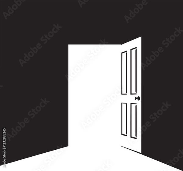 Fototapeta Open door with white light in a dark room. Light enters through the open door. Abstract concept for business, new opportunities, exit, exit, hope, opportunity. Vector illustration
