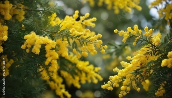 Obraz The branch of the flowering mimosa in the sunrays.