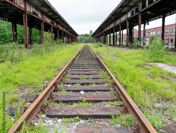 Fototapeta Abandoned railway track overgrown with grass and rust, leading to empty warehouses