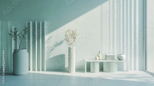 Fototapeta Minimalist Interior Design Featuring White Decor and Greenery