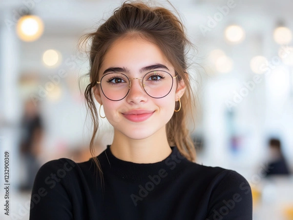 Obraz Young happy businesswoman having meeting with her colleagues in office and looking at camera.