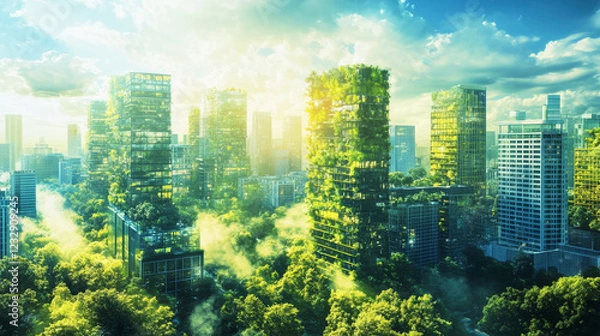 Obraz Innovative zero-carbon smart city showcases interconnected green architecture and green spaces