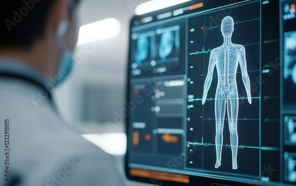 Fototapeta A medical professional analyzes a digital display showing a 3D model of the human body, highlighting anatomy and health data.