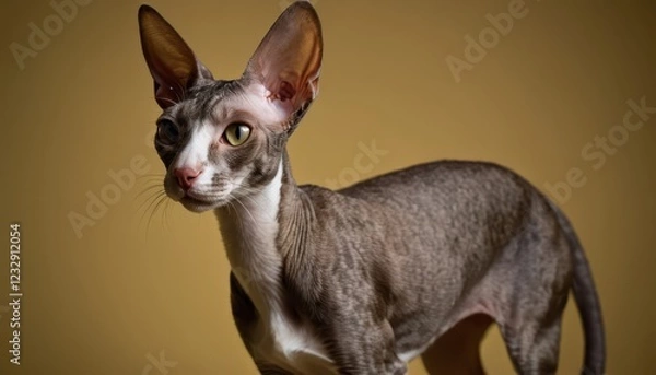 Fototapeta A striking Cornish Rex cat stares intensely into the camera, its large ears and wavy fur illuminated by dramatic lighting. A unique and elegant feline portrait.