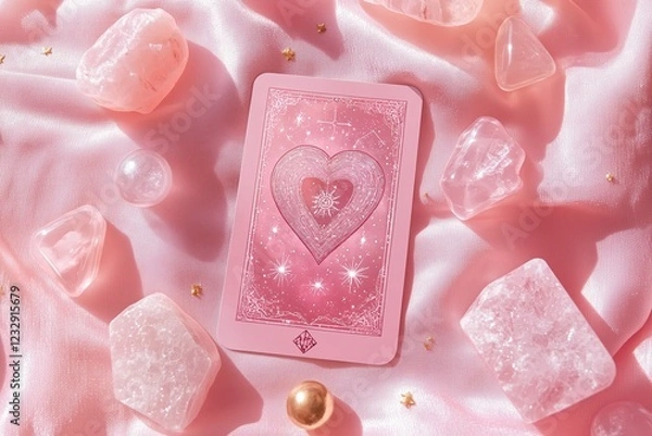 Fototapeta Intriguing mystical heart tarot card illustration featuring cosmic and celestial elements on a pastel pink background.