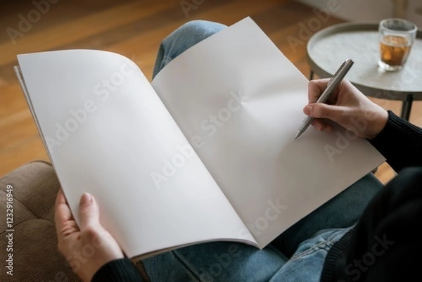 Fototapeta Person Writing in a Blank Notebook While Sitting Indoors