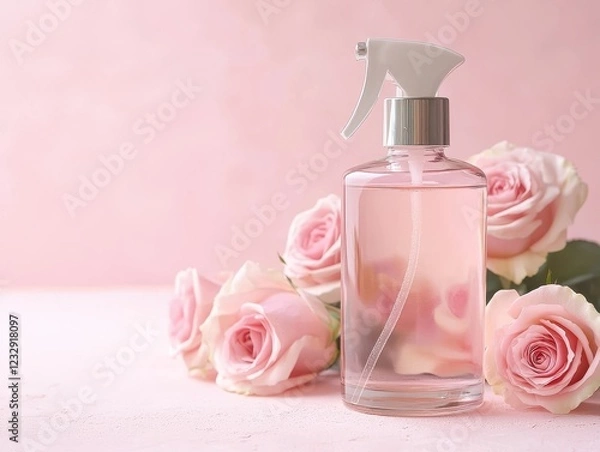 Fototapeta A stylish perfume bottle surrounded by soft pink roses, set against a delicate pink background, creating a romantic and elegant atmosphere.