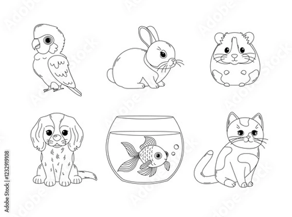 Obraz Home pets coloring page. Outline set with parrot, rabbit, hamster, dog, fish and cat. Cute domestic animals. Pet store, veterinary clinic design. Coloring book for print. Vector contour illustration