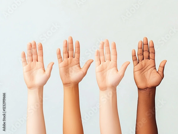 Fototapeta United in Action:  Four diverse hands raised in unison, signifying a collective voice, participation, and a call for unity.  This powerful image embodies inclusion, representation.