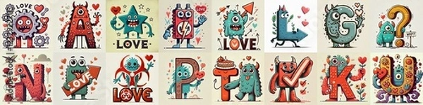 Fototapeta Love monsters Lettering Typeface. AI generated illustration