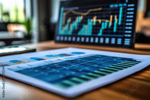 Fototapeta Paper and laptop computer with business graphs and charts