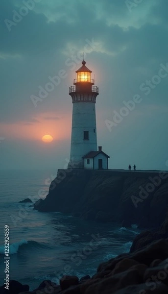 Fototapeta A serene lighthouse standing against a misty sunset, symbolizing guidance and safety, perfect for coastal tourism, maritime themes, or inspirational business messaging.