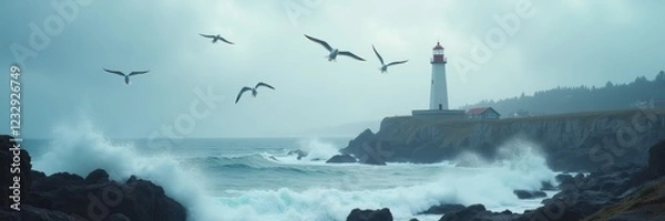 Fototapeta A serene lighthouse scene with birds soaring above crashing waves, evoking calmness and guidance. Perfect for coastal business themes, travel, and nature contexts.