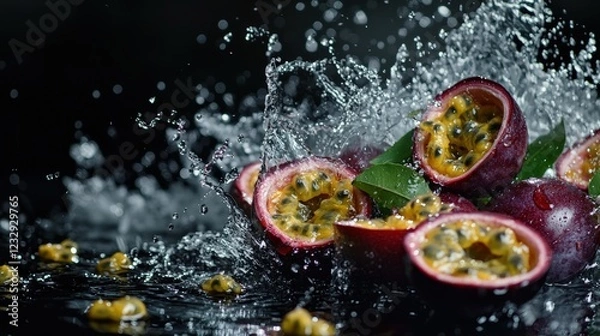 Fototapeta Juicy sliced passion fruit with water droplets and splashes on a black background. Macro photography highlights the natural texture of the exotic fruit, creating a fresh and cooling effect.