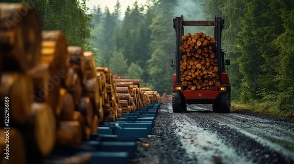 Fototapeta Forest Log Transportation By Forklift On Muddy Road