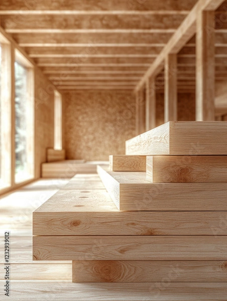 Obraz Stacked wooden planks in a sunlit space.