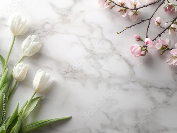 Obraz Marble surface with spring floral arrangement including white tulips and pink cherry flowers laying on white marble background. Botanical flat lay composition. View from above.