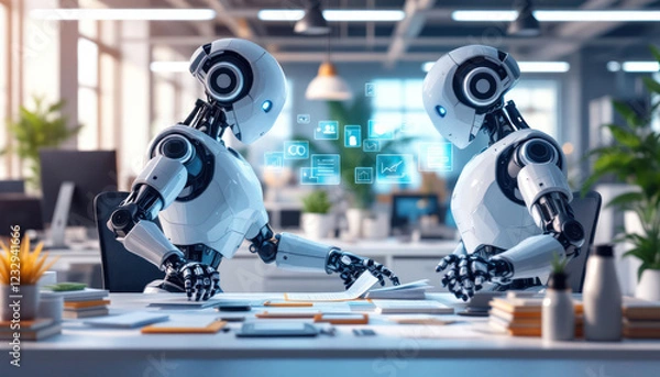 Fototapeta Futuristic Office: Two Robots Collaborating on a Project
