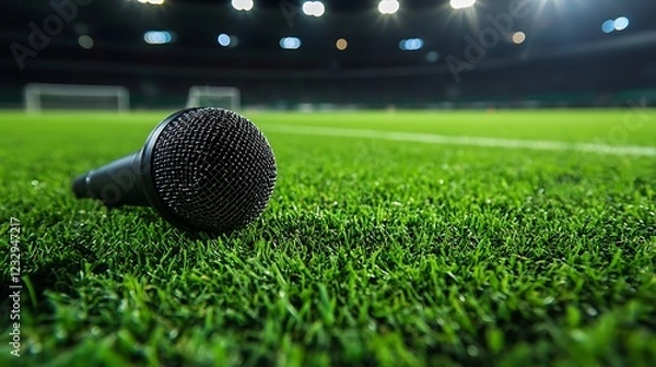 Obraz Microphone on Green Football Field at Night Sports Event Recording Audio Equipment