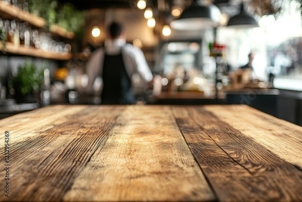 Fototapeta Rustic Wooden Table in a Blurred Cafe Setting