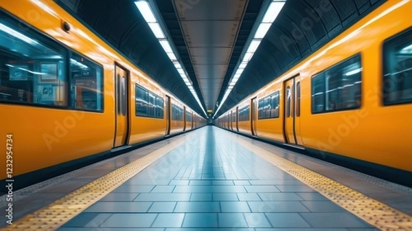 Fototapeta Subway trains passing each other on opposite tracks in a tunnel
