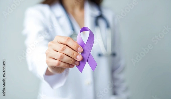 Obraz Doctor with purple ribbon for world cancer day, lupus, Pancreatic, Esophageal, Testicular cancer, world Alzheimer, epilepsy, Sarcoidosis, Fibromyalgia