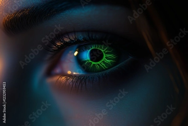 Fototapeta Close-up of a womana??s deep emerald-green eye, showcasing glowing veins and smooth gradients, captured in
