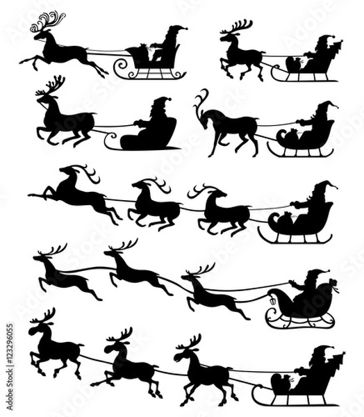 Obraz Christmas silhouette Santa Claus riding on reindeer sleigh set i